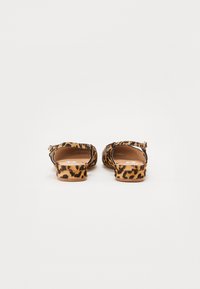 Sandale plate cu imprimeu leopard, cu vârf rotund, spate deschis și toc jos. Fabricate din material moale cu o suprafață texturată.