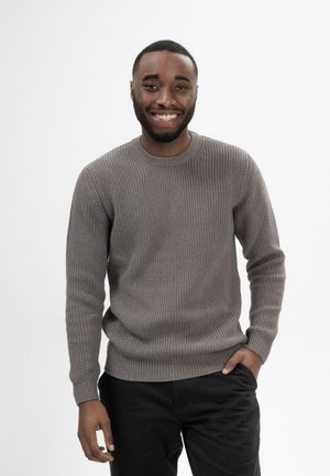 Lächelnder Mann mit kurzen Haaren und Bart, trägt einen grauen Strickpullover und schwarze Hose, steht mit einer Hand in der Tasche vor weißem Hintergrund.