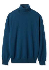 Pull à col roulé à manches longues couleur sarcelle foncée, muni de poignets, d'un ourlet et d'un col côtelés, présenté à plat sur un fond blanc.