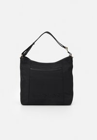 Svart axelväska med mjuk textur, med en dragkedjeficka och präglad "VALENTINO"-logotyp. Justerbar rem med detaljer i guld.