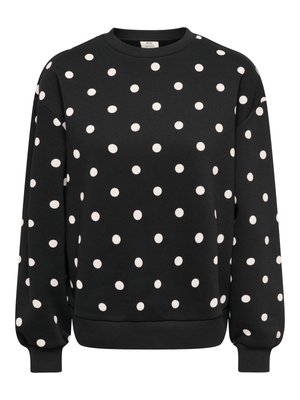 Svart sweatshirt med vita prickar, ribbad rund halsringning och långa ärmar. Har en luftig passform och resår i muddar och fåll.