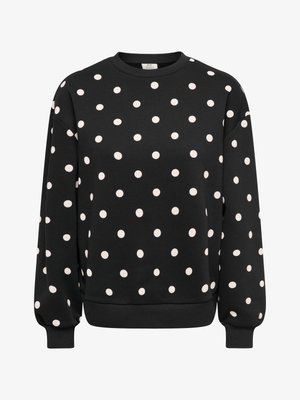Zwarte sweatshirt met witte polka dots, geribde ronde hals en lange mouwen. Heeft een ontspannen pasvorm en elastische manchetten en zoom.