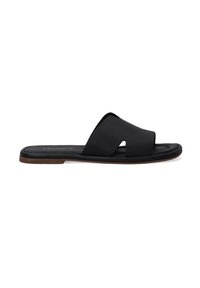 Zwarte schuimsandalen met een glad leren bovenwerk met een uitsnijd ontwerp. Platte zool met bruine accenten voor contrast. Minimalistische stijl.
