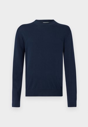 Dunkelblauer Pullover mit langen Ärmeln aus feinem Strickmaterial. Verfügt über einen runden Ausschnitt und gerippte Bündchen. Einfaches, unverziertes Design.