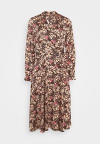 Robe florale marron avec des manches longues, un design croisé et une taille cintrée. Les couleurs comprennent du crème, du rose et du vert dans un motif détaillé.