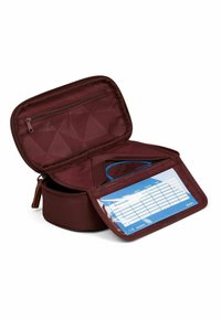 Burgundy textured zippered case with geometric patterns, featuring a transparent pocket and blue accent details for organization.