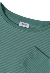 Green striped t-shirt made from soft fabric, featuring a round neckline, short sleeves, and a small pocket on the left chest. Brand label visible.