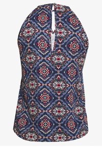 Marinblå halterneck-top med ett geometriskt blommönster i rött, blått och vitt. Har en nyckelhålsutskärning bak och en mjuk tygtextur.