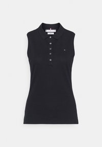 Polo noir sans manches en coton, doté d'une patte de boutonnage et d'un petit logo sur la poitrine. Texture lisse avec un col classique.