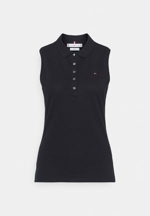 Black sleeveless polo shirt made of cotton, featuring a button placket and a small logo on the chest. Smooth texture with a classic collar.
