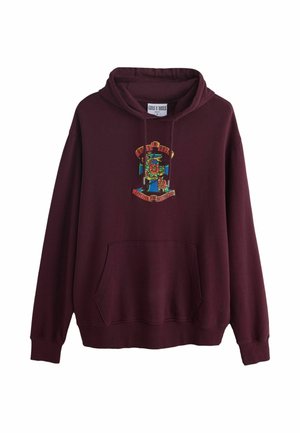 Bordeauxrød hættetrøje med frontlomme og Guns N' Roses-logo med et farverigt design af en pistol og en rose samt teksten "Appetite for Destruction".