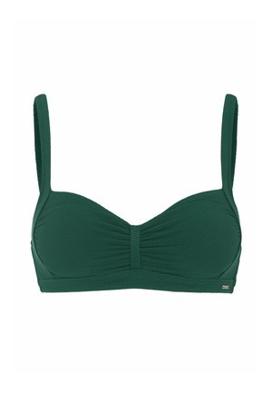 Grünes, strukturiertes Bikini-Oberteil mit verstellbaren Schulterträgern und subtiler Raffung in der vorderen Mitte.