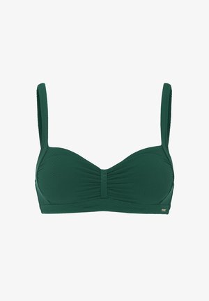 Grünes, strukturiertes Bikini-Oberteil mit verstellbaren Schulterträgern und subtiler Raffung in der vorderen Mitte.