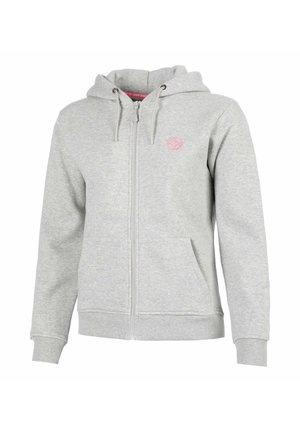 Sweat à capuche zippé gris clair avec cordon de serrage à la capuche, poche avant, poignets côtelés et petit logo circulaire rose sur la poitrine gauche.