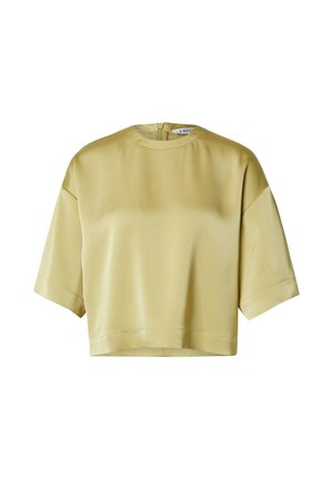 Kort mouw cropped top in lichtgeel satijn met een ronde halslijn en een rits aan de achterkant. Heeft een soepele textuur en een minimalistisch ontwerp.