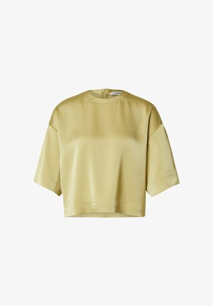 Kort mouw cropped top in lichtgeel satijn met een ronde halslijn en een rits aan de achterkant. Heeft een soepele textuur en een minimalistisch ontwerp.