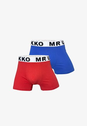 Two pairs of men's boxer briefs, one red and one blue, with white waistbands featuring black "MR UKKO" text.