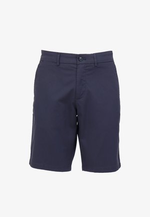 Shorts blu navy realizzati in misto cotone, con vita piatta e chiusura a bottone, tasche laterali e gamba dritta all'apertura.