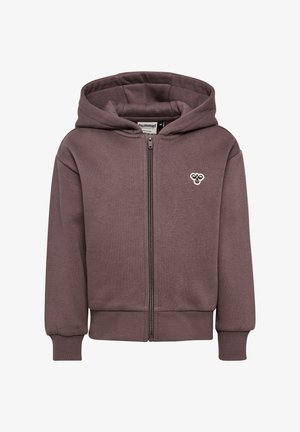 Braune Hoodie aus weichem, strukturiertem Stoff mit durchgehendem Reißverschluss. Hat einen Frontreißverschluss, gerippte Bündchen und ein Logo-Patch auf der linken Brust.