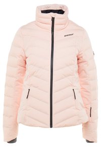 Světle růžová zateplená bunda s cikcak vzorem, vysokým límcem a černým zipem. Má boční kapsy a logo Ziener na hrudi.