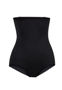 Schwarzes hoch tailliertes Schwimmbadanzug mit glatter, dehnbarer Textur, ohne Träger und nahtlosem Abschluss an den Kanten.