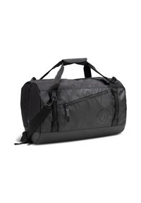 Borsa a duffel nera realizzata in tessuto resistente, con scomparti con zip, manici imbottiti e un dettaglio logo sul lato. Forma strutturata, design elegante.