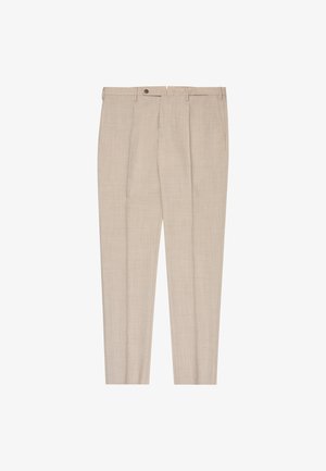 Beige op maat gemaakte broek van gestructureerde stof, met een vlak voorkant, twee steekzakken aan de voorkant en een enkele knoopsluiting.