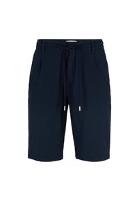 Shorts blu navy con tessuto texturizzato, vita elastica, chiusura con cordino e due tasche laterali.