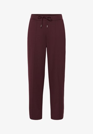 Burgundy stretch joggers with a drawstring waist, tapered leg, and side pockets. Smooth texture with a subtle sheen.