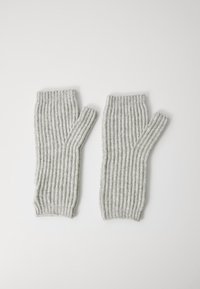 Mânuși fără degete, tricotate, de culoare gri, cu un manschet elastic. Materialul pare moale și texturat, având un design simplu și funcțional.