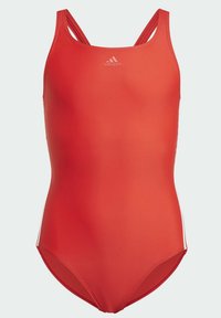 Bañador rojo de una pieza fabricado en una tela suave y elástica, con tirantes finos y un diseño minimalista que presenta un logo en el pecho.