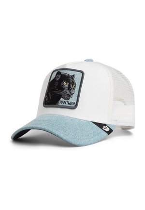 Gorra de béisbol de malla blanca y azul claro con un parche bordado de pantera negra en la parte delantera y una visera curva.