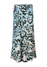 Blumiger Midi-Rock in Hellblau, Creme und Schwarz, mit einem fließenden Design, hohem Bund und Allover-Blumenmuster.