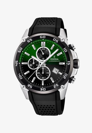 Orologio da polso cronografo con quadrante nero e verde, tre contatori ausiliari, display della data, indicatori argentati e cinturino in gomma perforata nera.