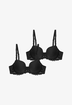 Schwarze Bralettes mit Spitzenbesatz, glatten Körbchen, verstellbaren Trägern und wellenförmigen Kanten. Zwei Teile zusammen dargestellt.