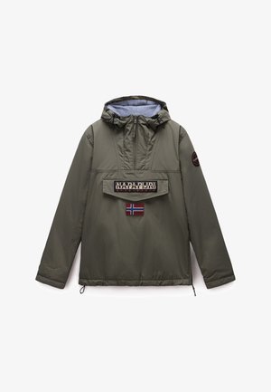 Olive green hooded anorak jacket with front zipper, large flap pocket reading "Napapijri geographic," and a Norway flag patch below.