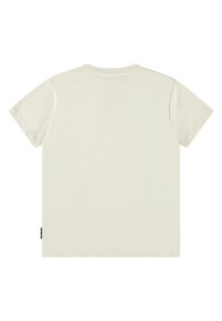 Kortærmet T-shirt med rund hals i lys beige bomuld. Har en ensfarvet ryg med et diskret mærke på venstre side.