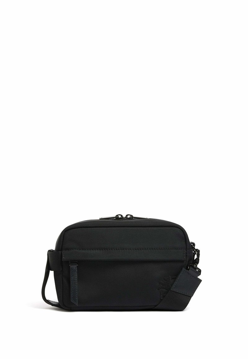 Borsa a tracolla nera realizzata in tessuto testurizzato, con un compartimento principale con zip, tasca frontale e tracolla regolabile. Design semplice e funzionale.