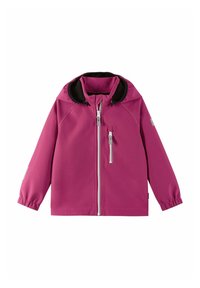 Veste zippée rose avec capuche noire, manches longues, poignets élastiques et accents réfléchissants. Fabriquée en matériau lisse et résistant à l'eau.