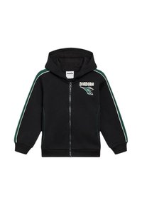 Felpa nera con zip, maniche a strisce verdi e bianche, logo Diadora sul petto e cappuccio integrato.