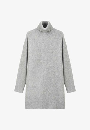 Pull en col roulé gris à coupe décontractée, à manches longues et à ourlet côtelé. Texture douce avec une finition tricot lisse. Pas de motifs ni d'accents.