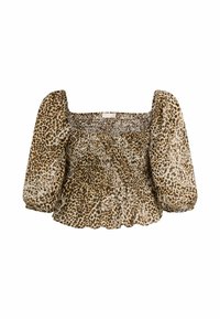 Bluzica s smeškom u smeđem leopard uzorku, s puf rukavima, četvrtastim izrezom i elastičnim naboranim telom. Ima volanasti rub i laganu tkaninu.