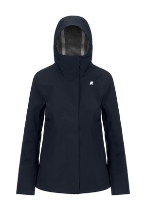 Giacca impermeabile blu navy con cappuccio, dotata di zip frontale, maniche lunghe e un piccolo logo sul petto. Tessuto liscio e texture.