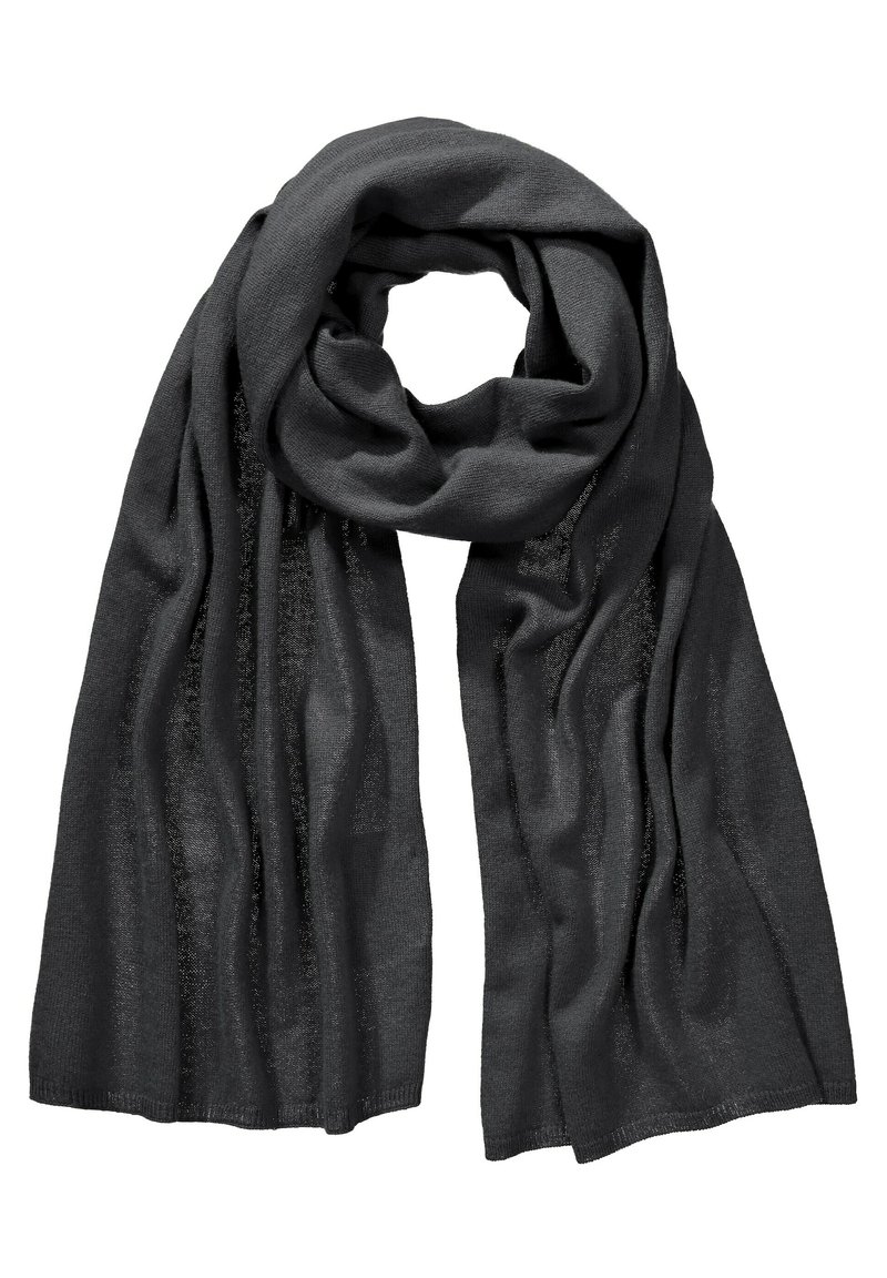 Écharpe gris foncé en tissu léger et doux. Présente une texture lisse avec des bords légèrement effilochés et un éclat subtil sur l'ensemble.