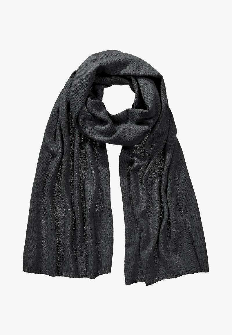 Bufanda gris oscuro hecha de un tejido suave y ligero. Presenta una textura suave con bordes ligeramente deshilachados y un sutil brillo en todo su alrededor.