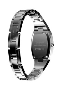 Edelstahl-Uhr mit einem polierten silbernen Armband, rechteckigem Gehäuse und schwarzen Akzenten. Besitzt eine glatte Oberfläche und ein eingraviertes Logo.