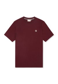 Camiseta de algodón burdeos con mangas cortas, cuello redondo y un pequeño parche de logo en el pecho. Textura suave y ajuste clásico.