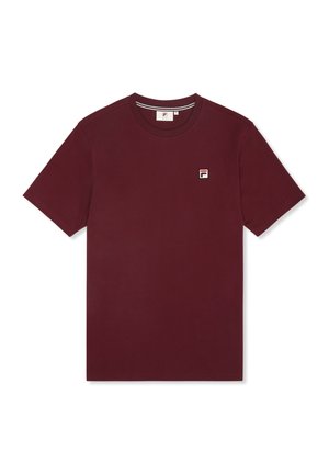 Bordeaux katoenen T-shirt met korte mouwen, een ronde hals en een klein logopatch op de borst. Soepele textuur en klassieke pasvorm.