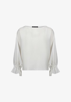 Witte blouse met een ronde hals en lange, puffed mouwen met elastische manchetten. Gemaakt van een gladde stof met een strakke uitstraling.