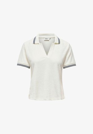 Valge polo särk tekstuurse viimistlusega, lühikeste varrukatega ja V-kaelusega. Kaelusel ja varrukaotste ääres on tumedat mereteelise värvi triibud.